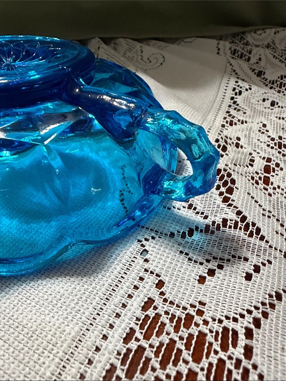 Vintage double handled Blue Glass Thumbprint pattern Candy Dish